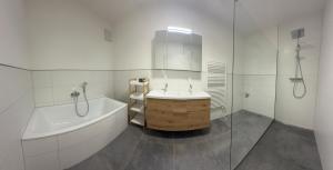 a bathroom with a sink and a bath tub and a bath tub at Ferienwohnung Bad Schallerbach in Bad Schallerbach +9 photos