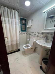 a bathroom with a toilet and a sink at Naif Palace Hotel in Dubai