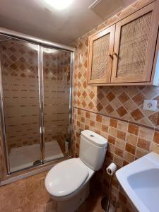 a bathroom with a toilet and a shower and a sink at LA MAR SALADA in Lastres +34 photos