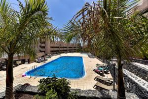 a swimming pool with lounge chairs and palm trees at Doble Playa in Playa Paraiso