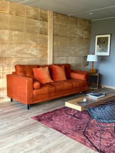 a brown couch in a living room with a table at Domaine Aari Ona in Aramits