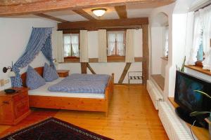Un dormitorio con una cama y un televisor y ventanas. en Landhaus Zum Falken, en Tauberzell
