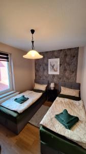 a bedroom with two beds and a chandelier at Ferienwohnung Heike "Zum Spatzennest" in Mühlhausen