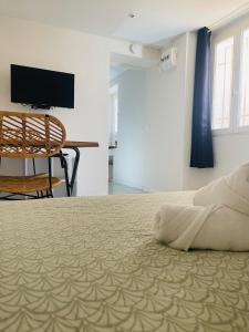 ein Schlafzimmer mit einem Bett und einem Fernseher an der Wand in der Unterkunft Studio El Canigou in Prades