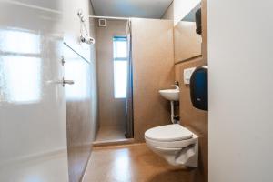 a bathroom with a toilet and a shower at Guesthouse Aurora in Reykjavík +23 photos