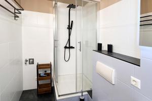 a bathroom with a shower with a glass door at Achtern Diek Haus 12d Wohnung 1 PALSTEK in Müggenburg +18 photos