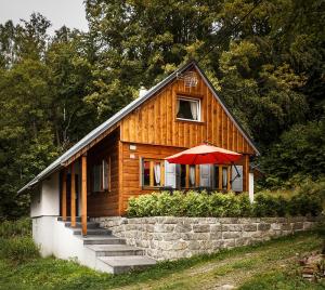 mały drewniany dom z czerwonym parasolem w obiekcie Chalet Joseph Mine w mieście Josefuv dul