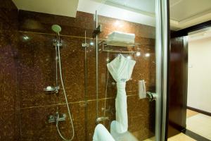 a bathroom with a shower stall and a toilet at Caesar Hotel in Muscat