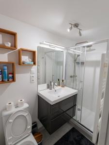 a bathroom with a sink and a shower and a toilet at Small townhouse in Clermont-Ferrand
