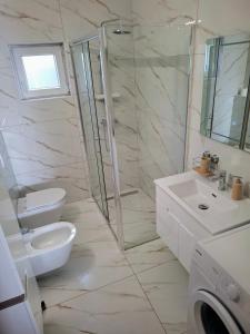 a bathroom with a toilet and a sink and a shower at Apartman TRALJE in Senj