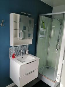 a bathroom with a white sink and a shower at Meublé de vacances, Quend-Plage in Quend-Plage