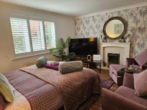 a bedroom with a bed and a tv and a fireplace at Siobhan's abode 3 Deluxe doubles and 1 king size NO PETS in Swindon