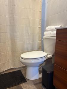 a bathroom with a toilet and a shower curtain at KC Suites in Comitán