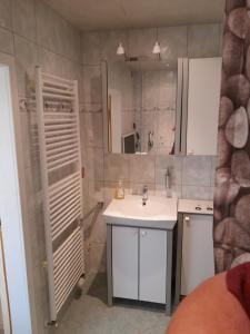 a small bathroom with a sink and a mirror at Appartment Annika in Hochheim