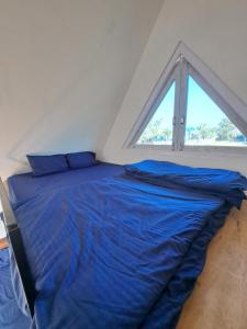 a bed with blue sheets in a room with a window at Mung Kham Stays in Jorhat +6 photos