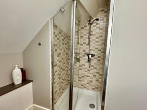 a shower with a glass door in a bathroom at Le Bristol - Gîtes Canal & Chenier, proche gare in Carcassonne +36 photos