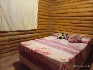a bed in a wooden room with two pillows on it at Cabañas la calma in Concordia