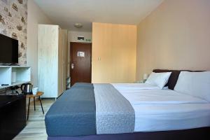 a hotel room with a large white bed and a television at Hotel Leda in Sofia