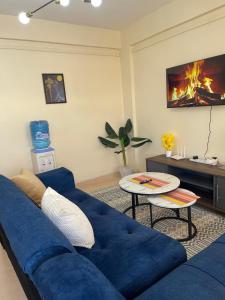 a blue couch in a living room with a fireplace at Cosy Loft Eldoret in Eldoret