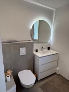 a bathroom with a toilet and a sink and a mirror at Appartement 2 pièces in Fréjus
