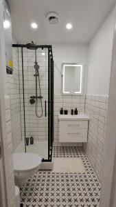 a bathroom with a shower and a toilet and a sink at Dzīvoklis Baldone, Latvija in Baldone