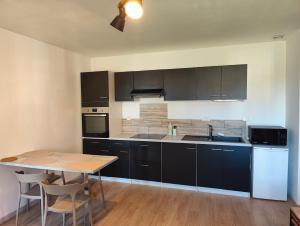 a kitchen with black cabinets and a table with chairs at La Clé des Vignes 1 in Roye