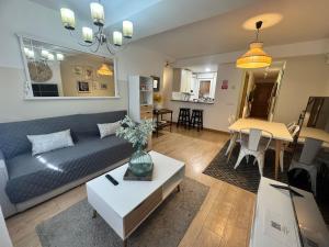 a living room with a blue couch and a table at San Agustin Centro in Logroño