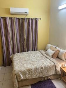 a bedroom with a bed with a curtain and a heater at Elaine's Hideaway in Point Fortin