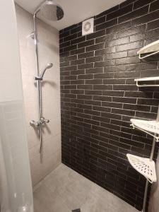 a bathroom with a shower with a black brick wall at Fani 2 in Lozenets +9 photos