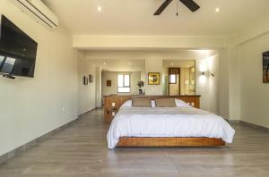 a bedroom with a large bed and a flat screen tv at El Secreto Residencial in Zihuatanejo