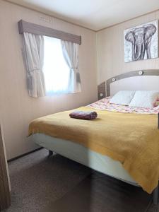 a bedroom with a large bed with a window at Caravan Turnberry 2 , Seton Sands, Wifi in Port Seton