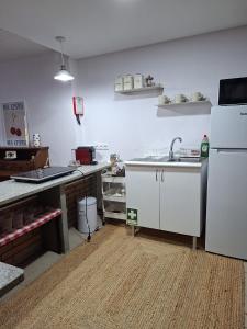 a kitchen with a sink and a white refrigerator at Big Alface - Casa de Cima in Trinta