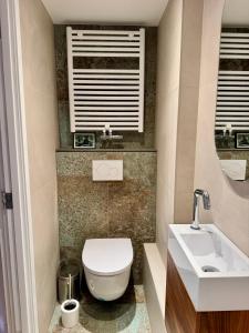 a bathroom with a toilet and a sink at Tiny Beachhouse Noordwijk in Noordwijk +19 photos