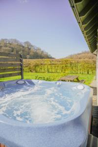 a hot tub with a view of a field at Maple in Knighton