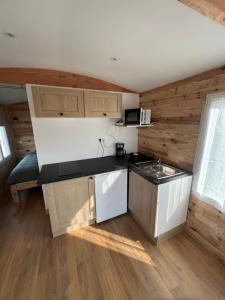 a kitchen in a tiny house with wooden walls at La Roulotte des Gaillots in Moiremont