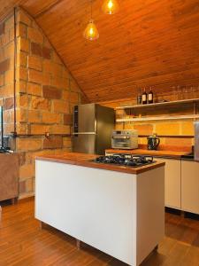 a kitchen with a counter with a stove top oven at Chalé Vicenza in Marques de Sousa