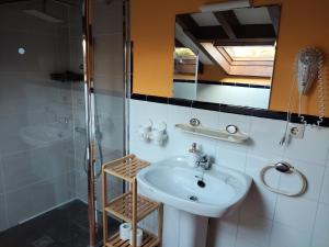 a bathroom with a sink and a shower at Posada los Taranos in Valdaliga  +24 photos