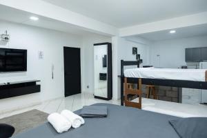 a living room with a bed and a kitchen at Quitinete Moderna Centro Loft Studio Inteligente 5 in Presidente Prudente