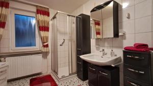 a bathroom with a sink and a shower and a mirror at Kurpark Domizil in Altenau +28 photos