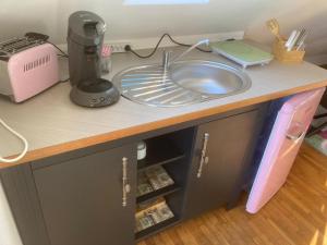 a kitchen counter with a sink and a blender at gemütliches Gästezimmer in Ostseenähe in Stubbendorf