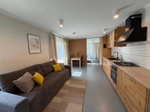 a living room with a couch and a kitchen at Mazais Namiņš in Jelgava