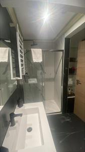 a bathroom with a glass shower and a sink at Casa Sole in Rivoli