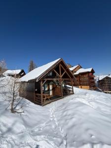 a log cabin with snow on the ground at Duplex cosy jusqu'à 6 personnes- chalet des Pléiades - départ skis aux pieds en bordure de piste sans portage - au milieu des fleurs en été - l'autre duplex du chalet est également à nous in Risoul