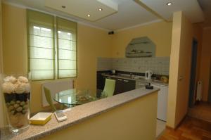 a kitchen with a glass table and a counter top at Prenoćište Singidunum 4lux in Belgrade