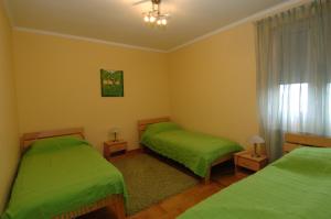 a bedroom with two green beds and a window at Prenoćište Singidunum 4lux in Belgrade