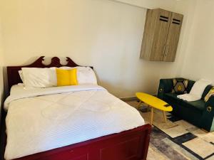 a bedroom with a bed and a green chair at Bella apartment studios town in Meru