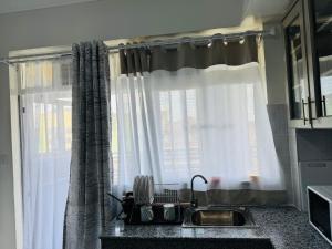 a kitchen with a sink and a window with curtains at Bella apartment studios town in Meru