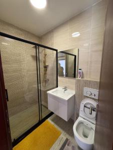 a bathroom with a toilet and a sink and a shower at Sonny Penthouse 2 in Gnjilane