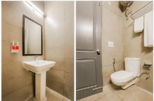 two pictures of a bathroom with a toilet and a sink at Hotel Shree Jee in Gurgaon