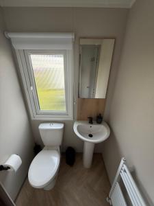a small bathroom with a toilet and a sink at Luxury 3 bed sleeps 8 caravan with sea view in Exmouth